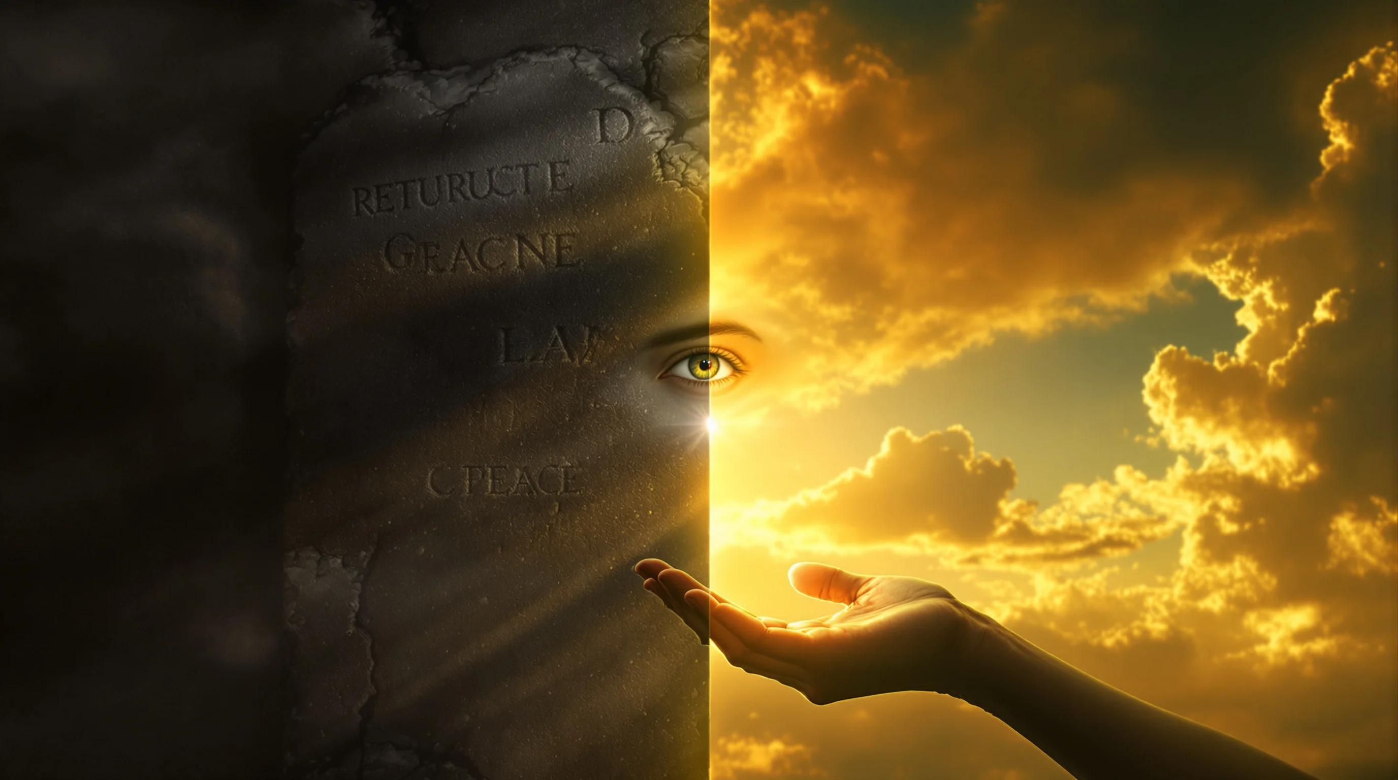 An eye for an eye vs. grace: stone tablet in shadow, open hand in golden light, symbolic eye between