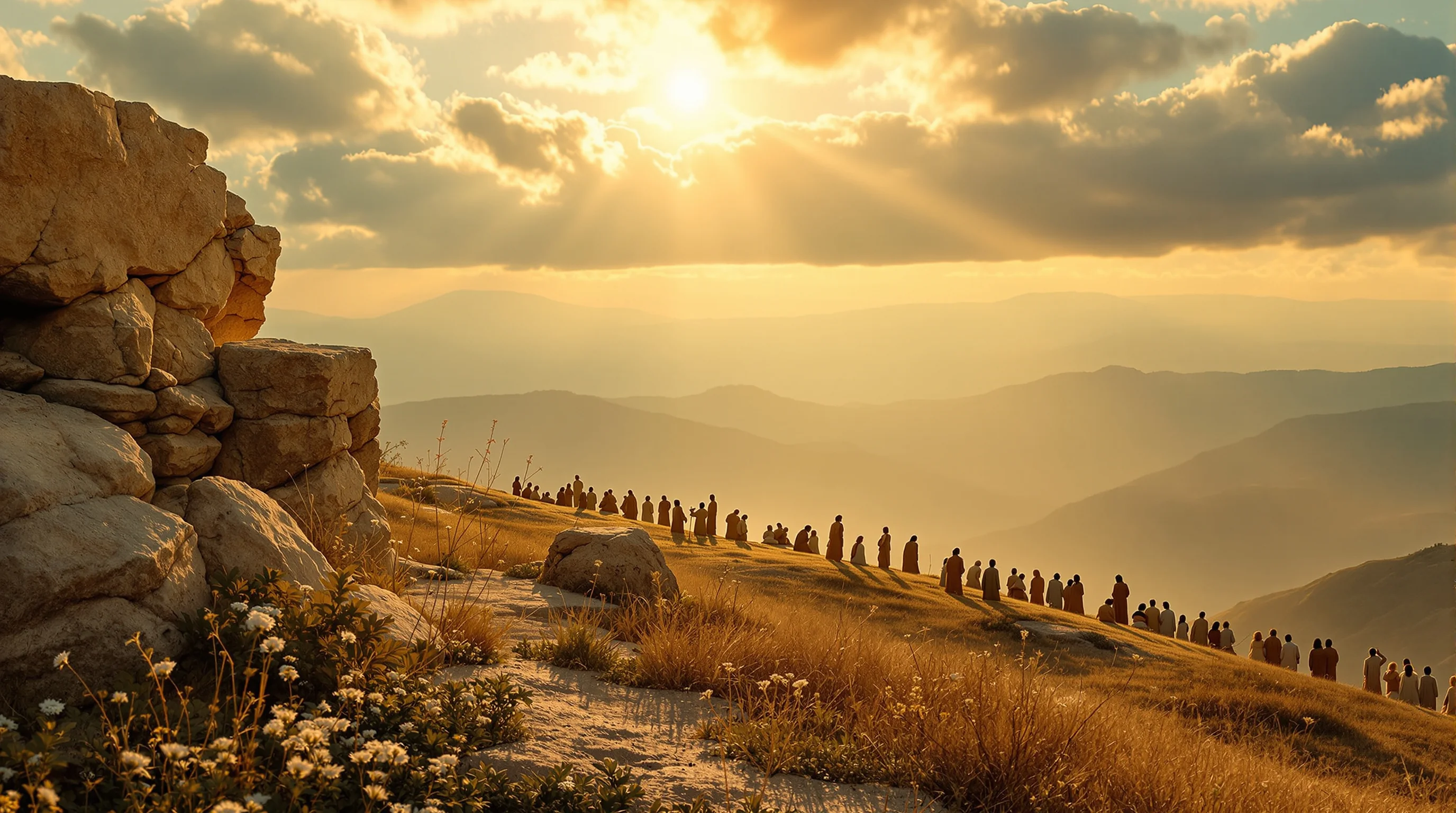 Golden-hour hillside overlooking the Sea of Galilee, evoking the setting of the Beatitudes in Matthew 5
