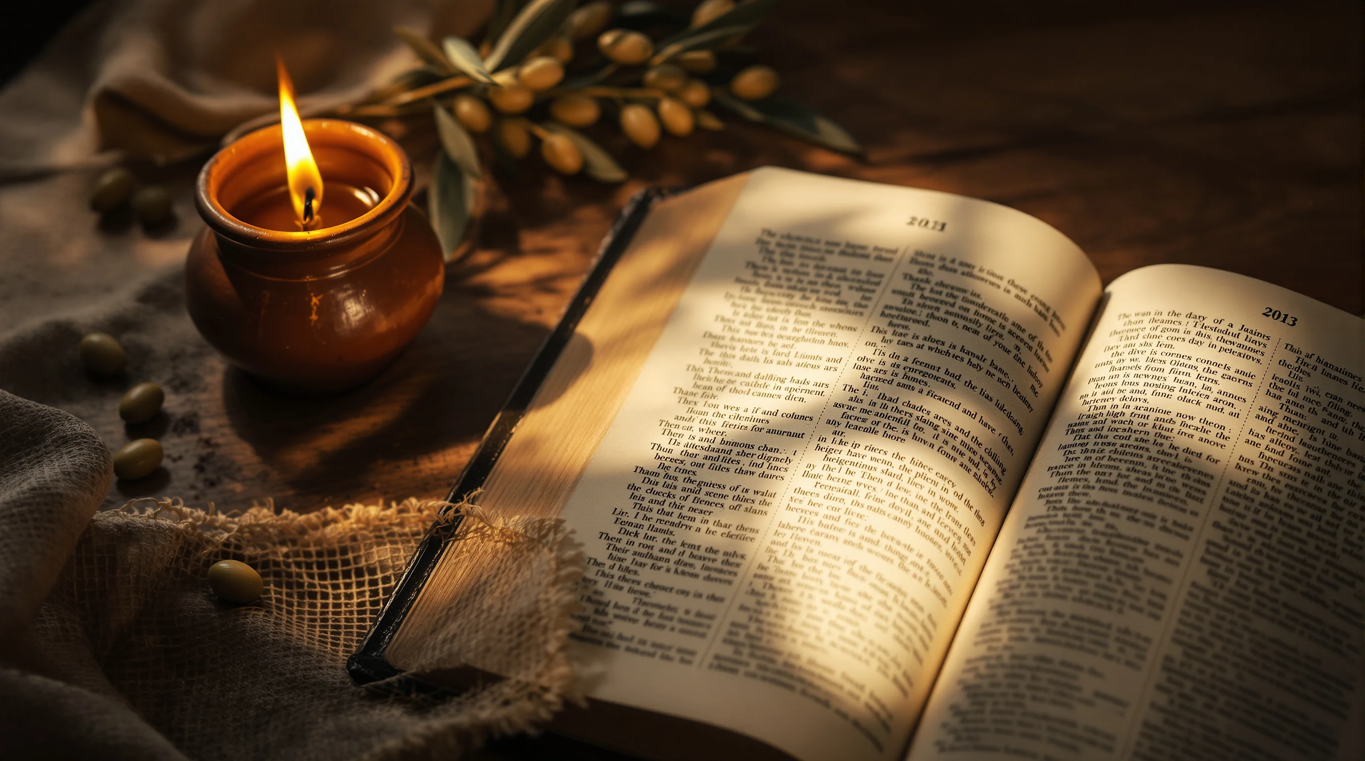 Open Bible with oil lamp and olive branches, evoking the Beatitudes in Matthew 5:3-12
