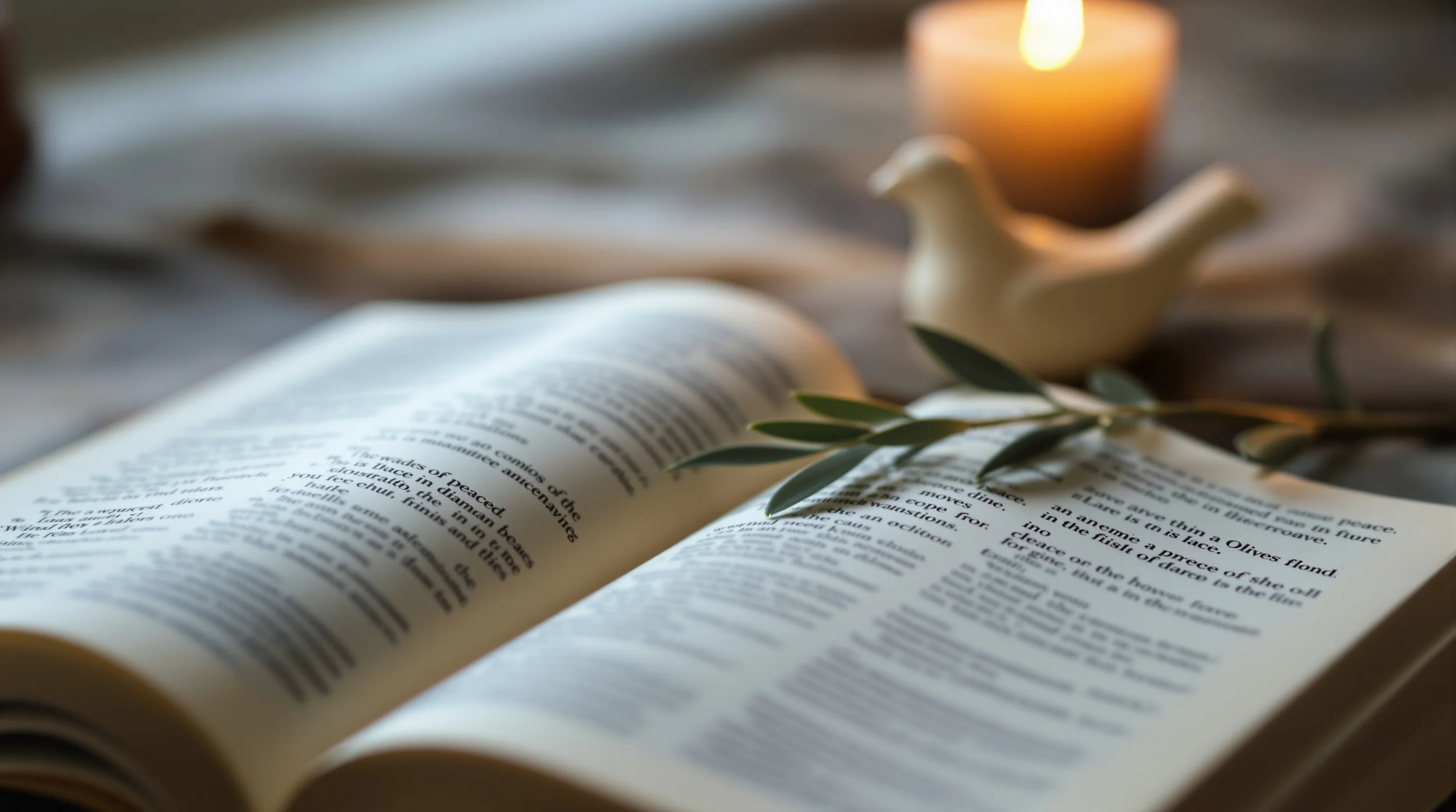 Open Bible with dove figurine and olive branch illustrating blessed are the peacemakers, Matthew 5:9