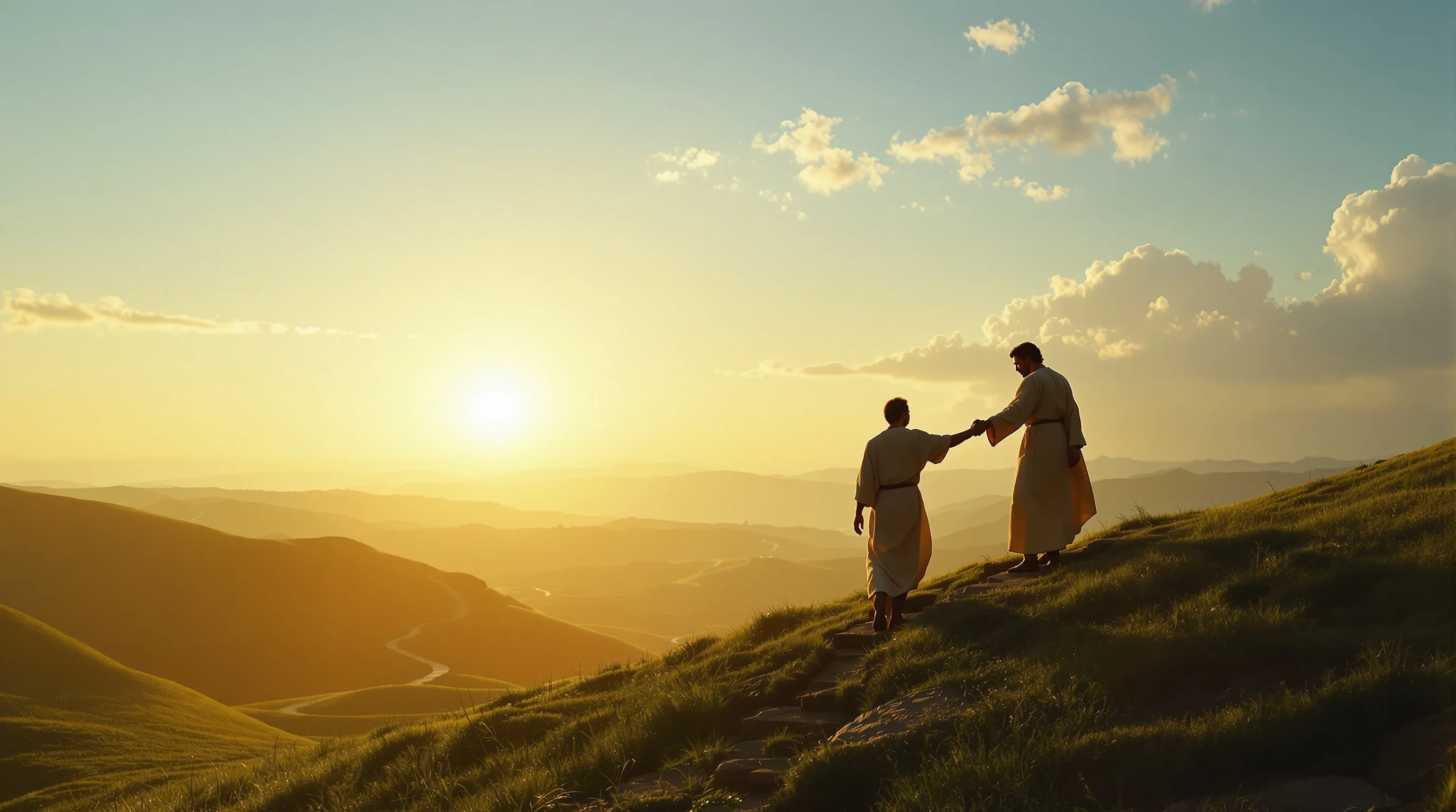 Silhouetted figures on a hillside at sunrise illustrating the golden rule of helping others