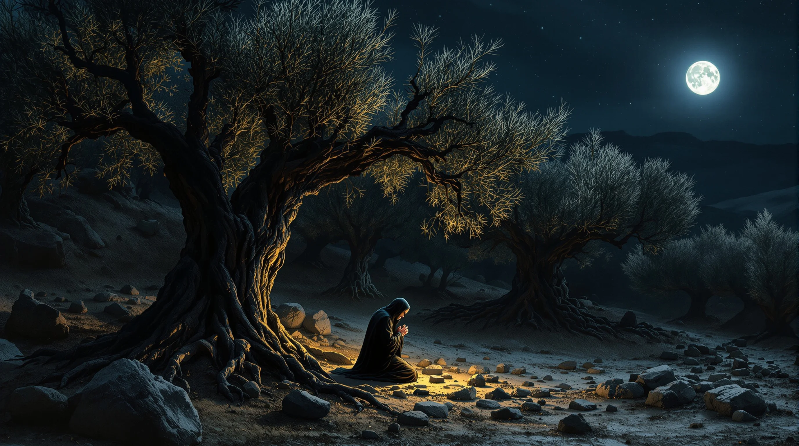 Jesus praying in Gethsemane among moonlit olive trees while disciples sleep nearby
