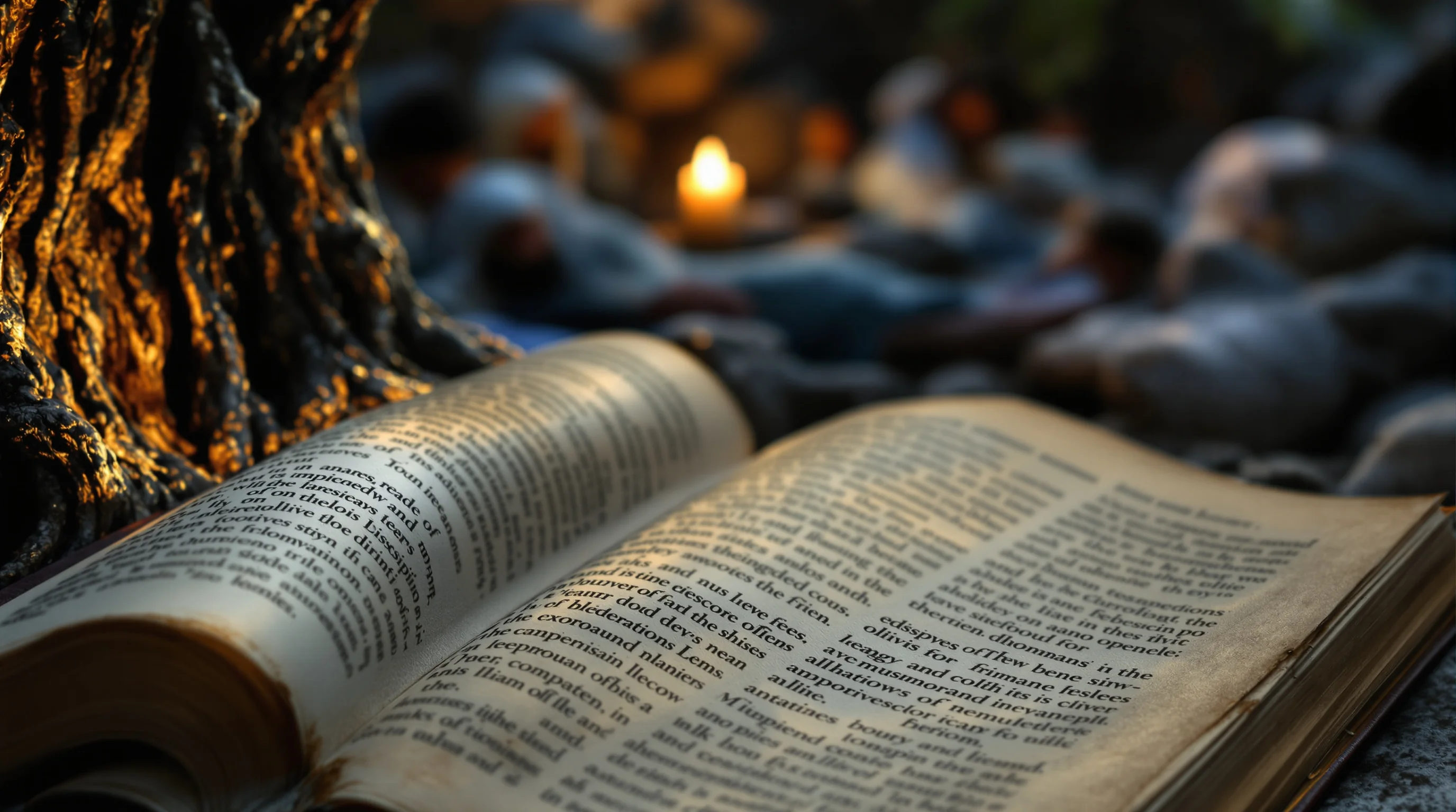 Moonlit olive tree bark in Gethsemane with sleeping disciples and ancient scripture scroll in soft focus