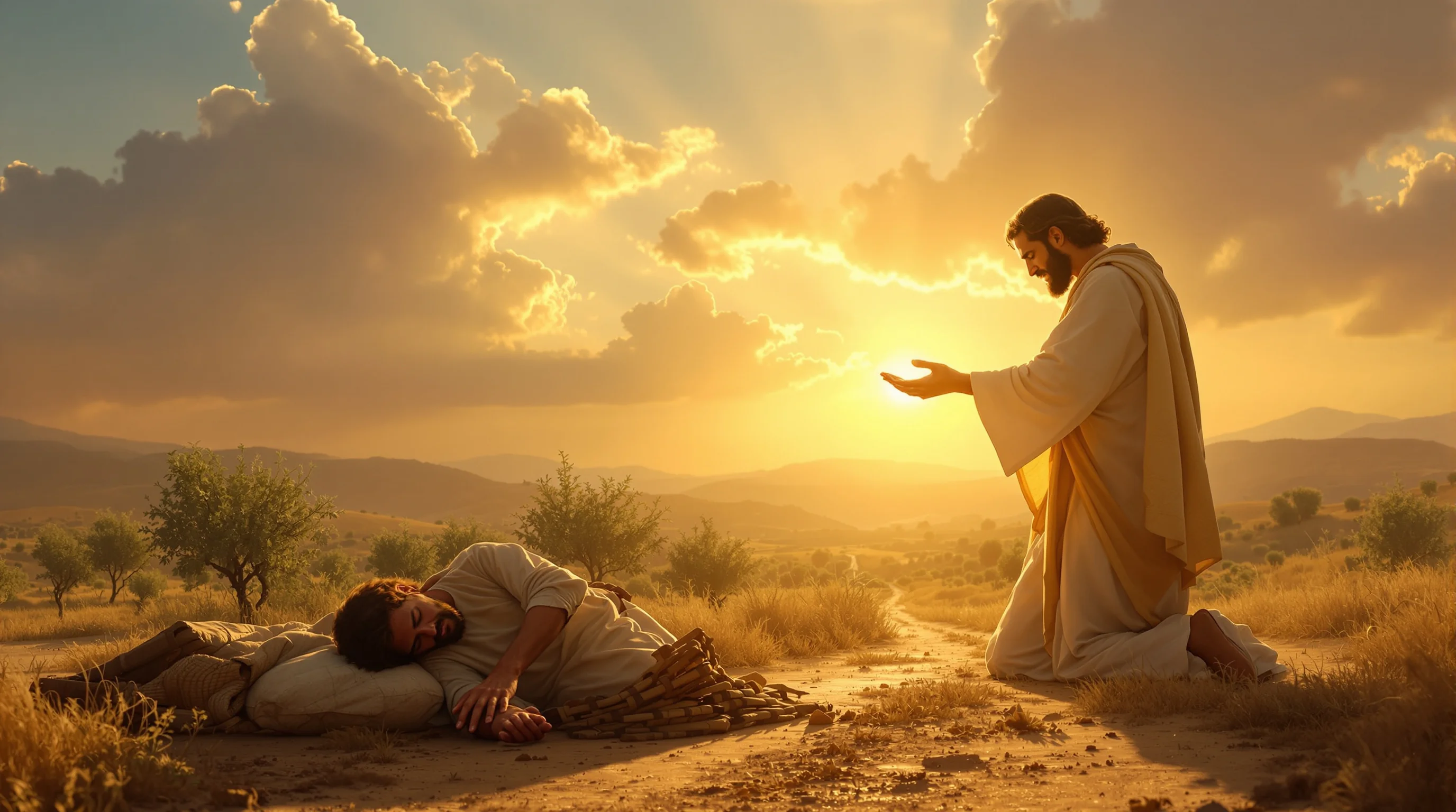 Weary traveler kneeling before radiant figure, illustrating Matthew 11:28-30 meaning of rest