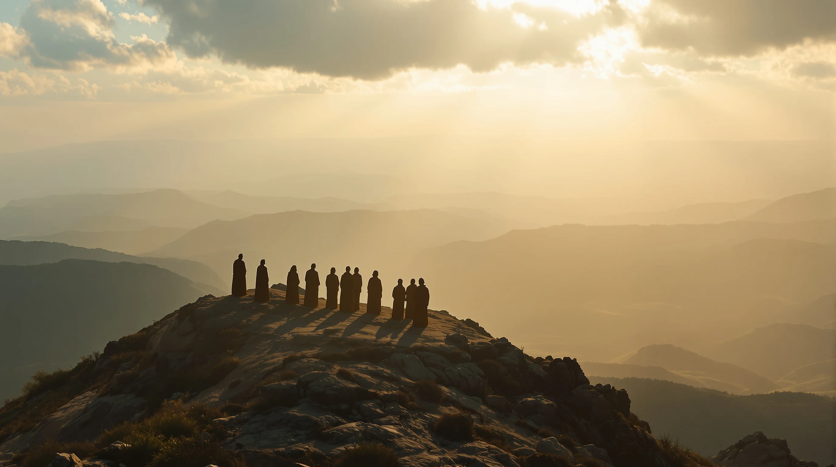 Eleven disciples on Galilee mountain at dawn, depicting Matthew 28:19-20 meaning and the Great Commission