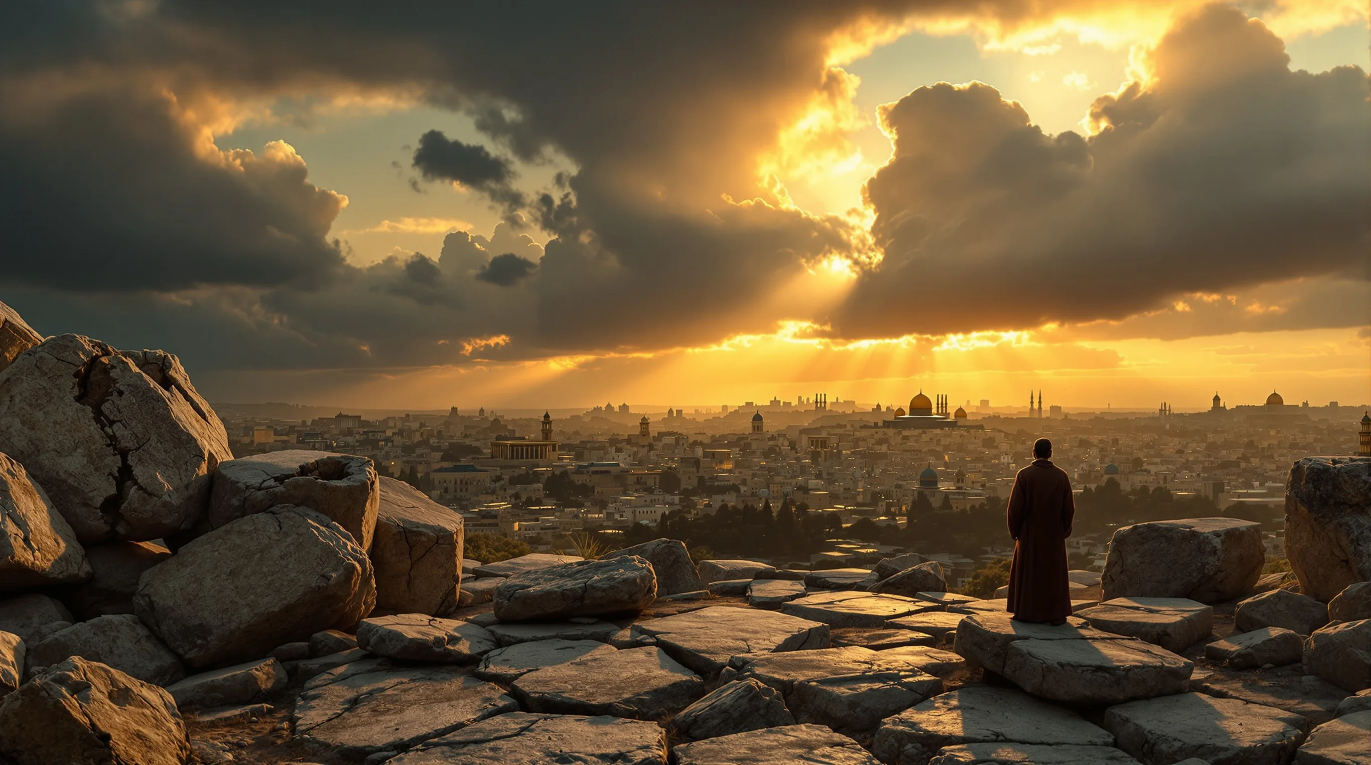Olivet Discourse scene: figure overlooking Jerusalem from Mount of Olives at golden hour with toppled temple stones