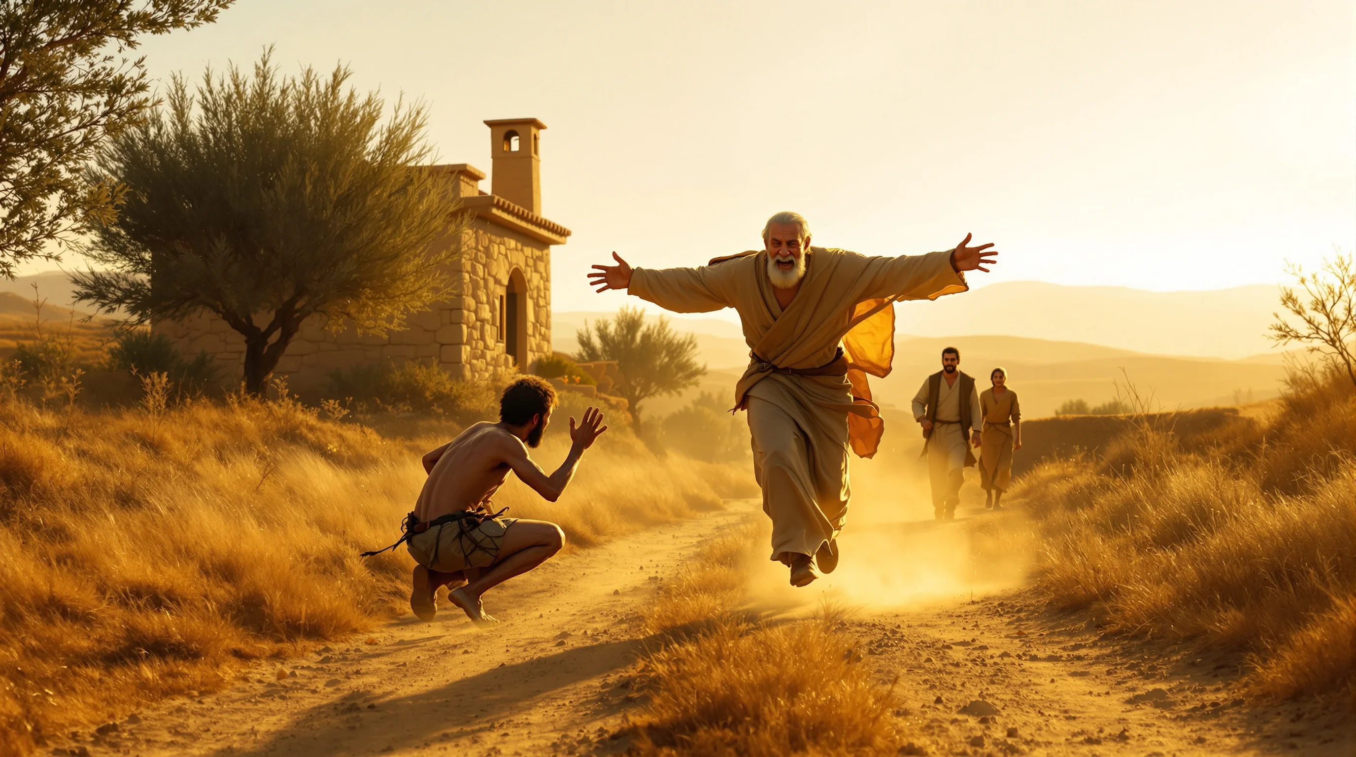 Prodigal son reunion with father embracing him on a sunlit rural path (Luke 15:11-32)