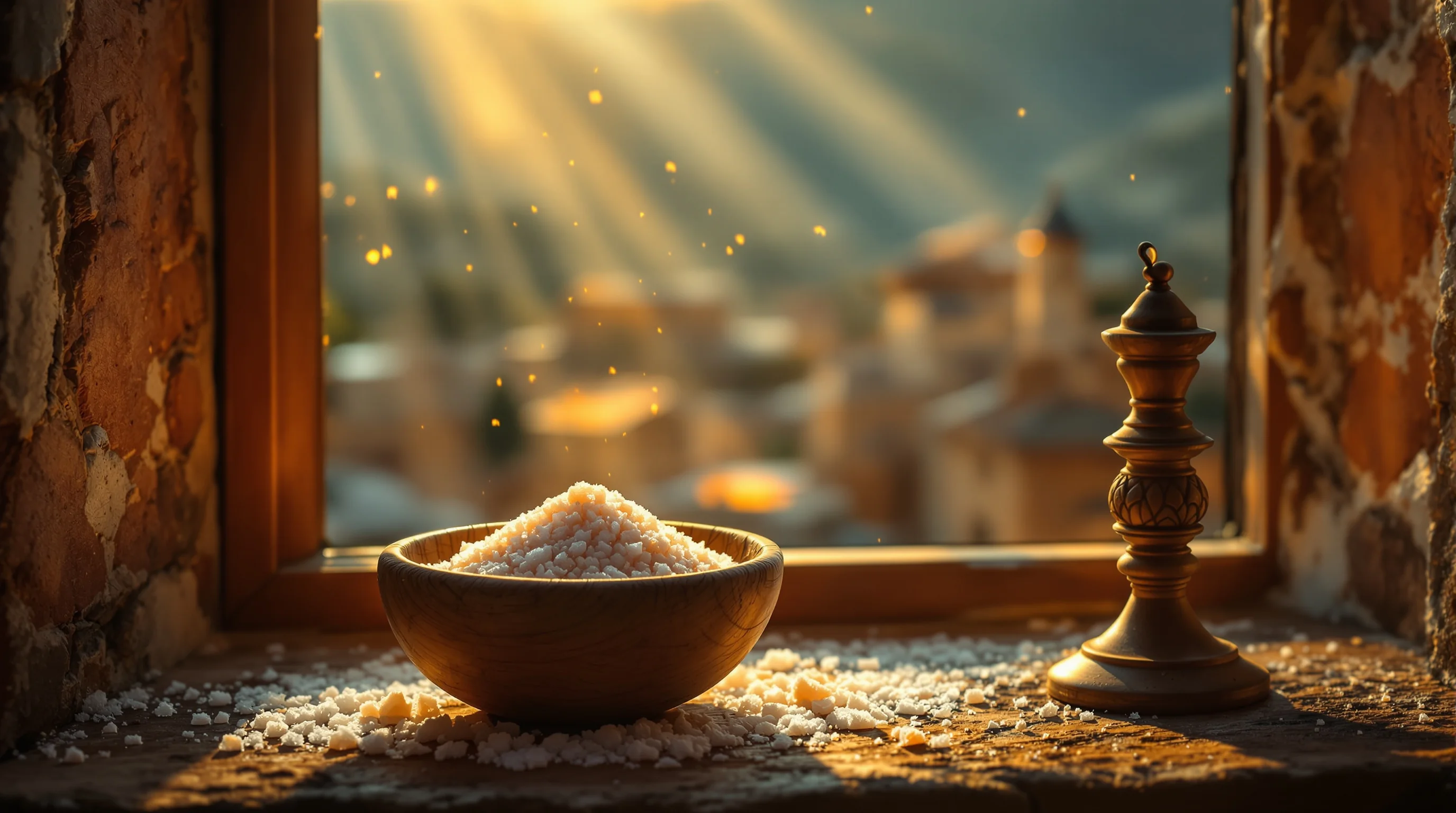 Salt and light imagery: wooden bowl of salt and glowing oil lamp on a windowsill at dusk