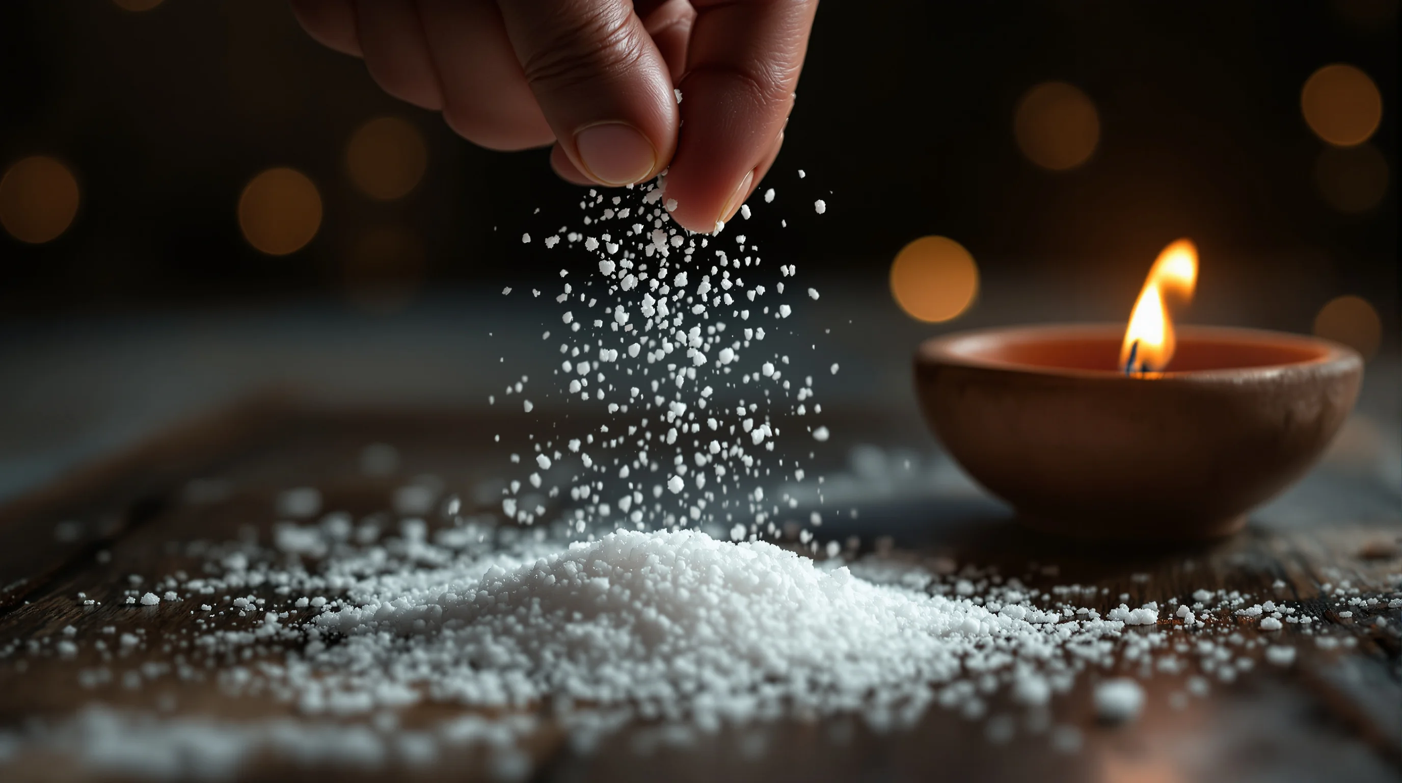 Hand sprinkling salt over wooden table with glowing oil lamp, illustrating salt and light in Matthew 5:13-16