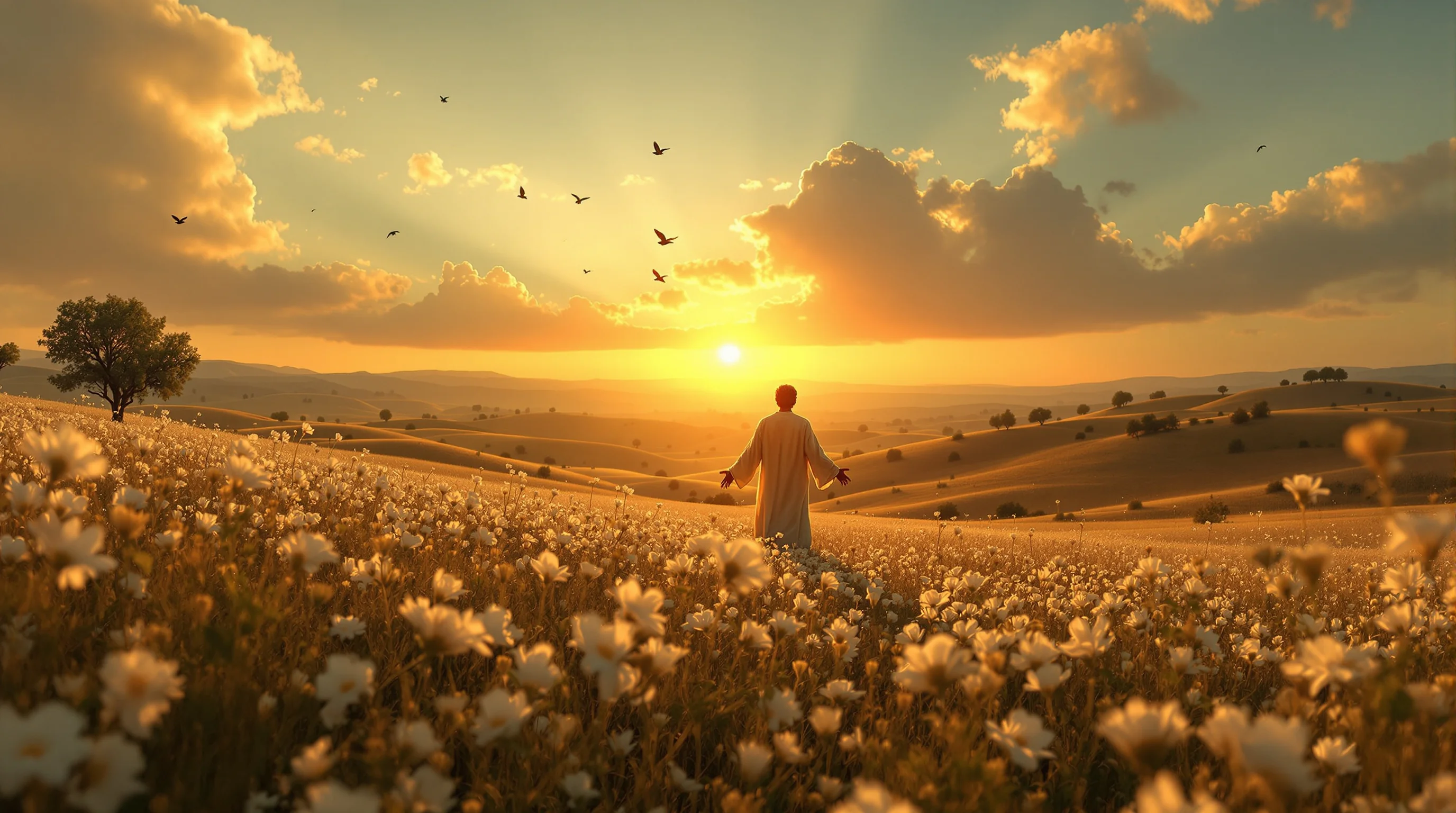Seek first the kingdom: figure in golden field with lilies and birds, symbolizing trust over worry (Matthew 6:25-34)