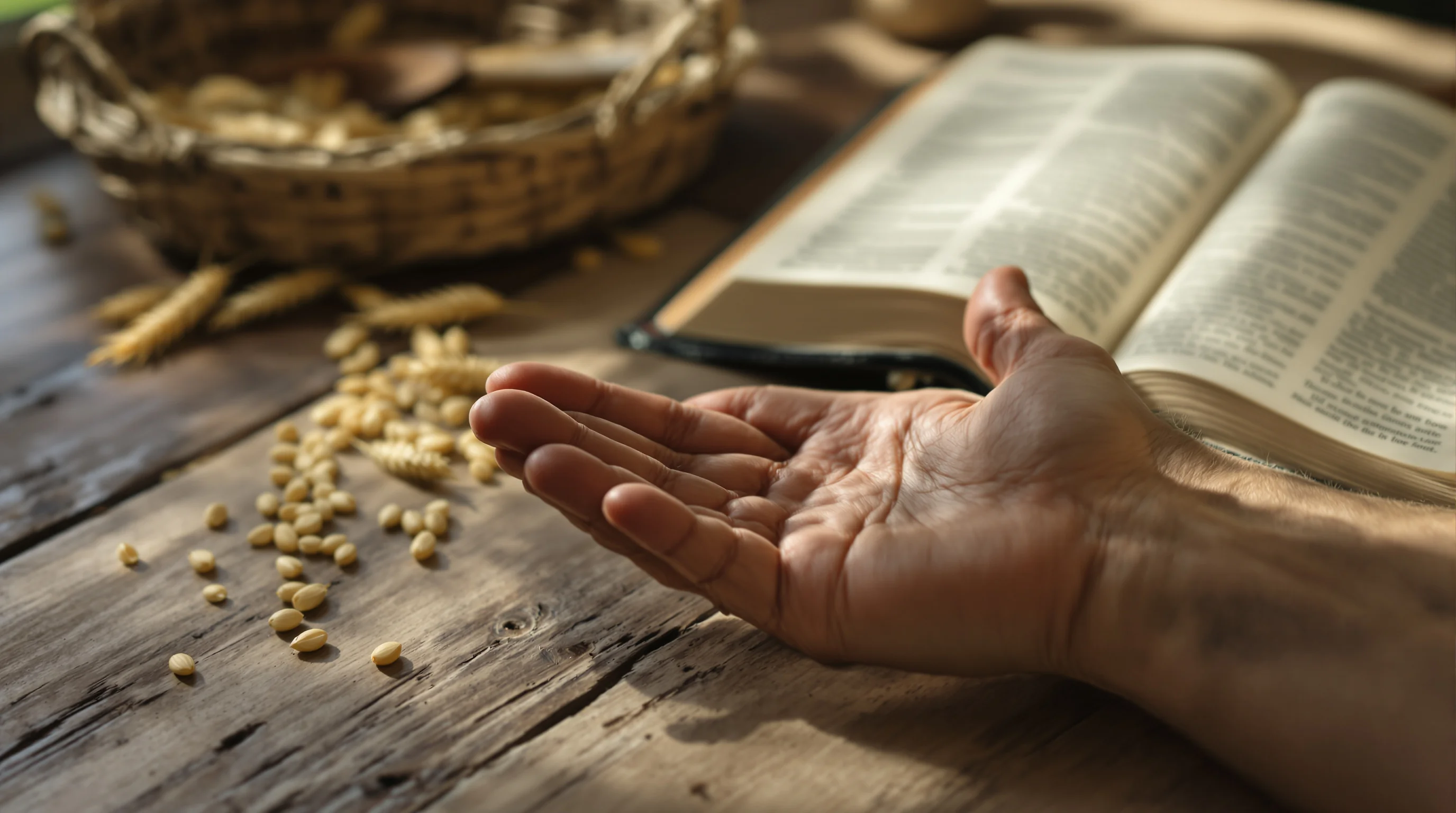 Open hands resting on wooden table, trusting God's provision as we seek first the kingdom