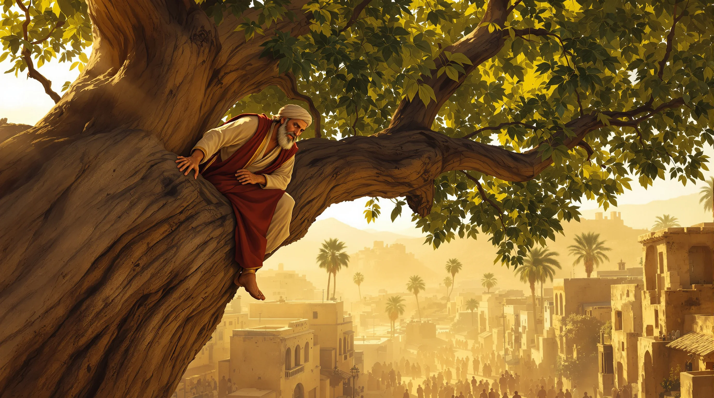 Zacchaeus perched in a sycamore tree overlooking the streets of ancient Jericho at golden hour