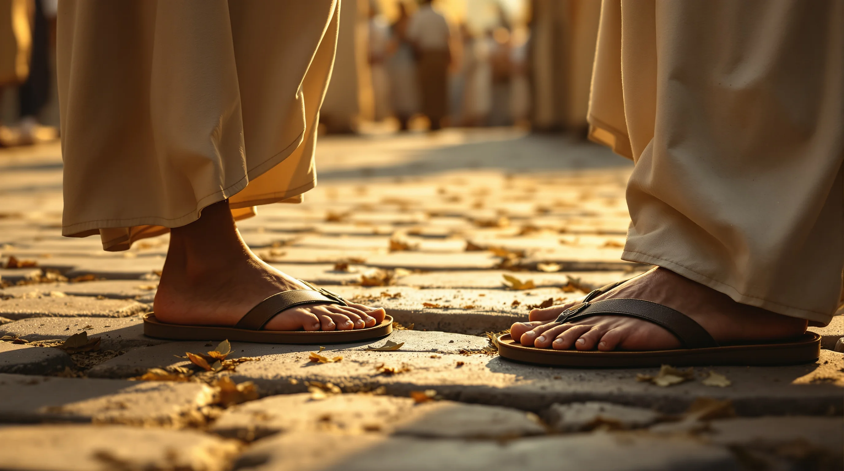 Sandaled feet of Jesus and Zacchaeus meeting on a dusty stone path, Luke 19